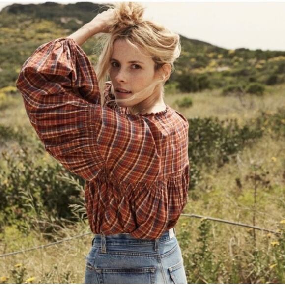 DOEN Thistle Blouse in Blue Autumn Plaid Print Boho M - Picture 11 of 12